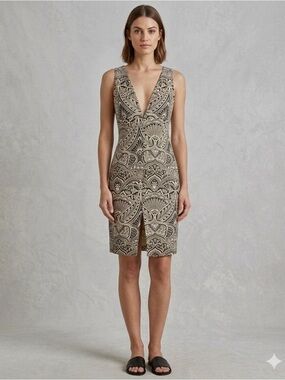 VENUS Beige and Black V‑Neck Patterned Mini Dress